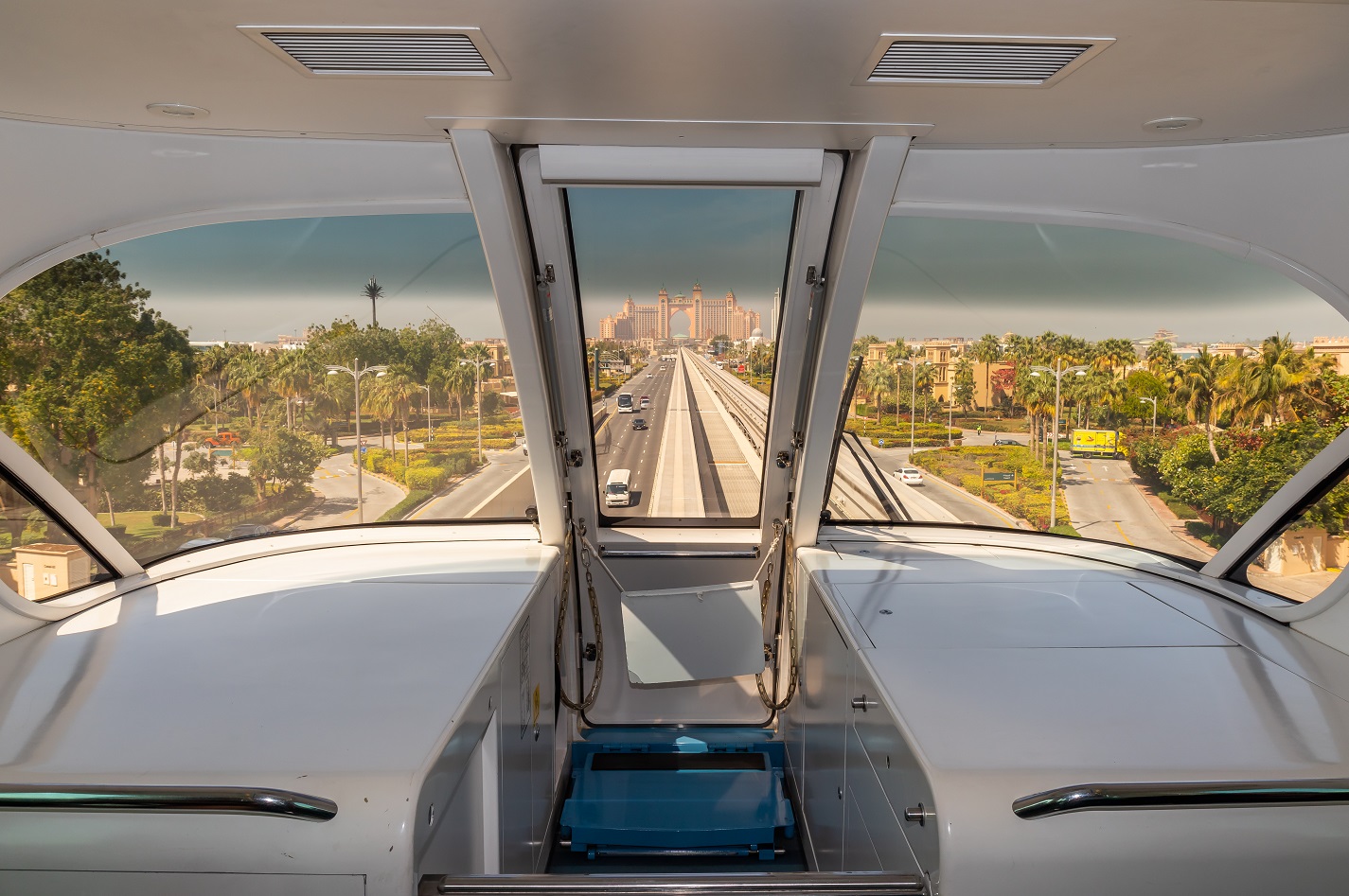 A photo of Atlantis Hotel from within Palm Monorail's cockpit compartment